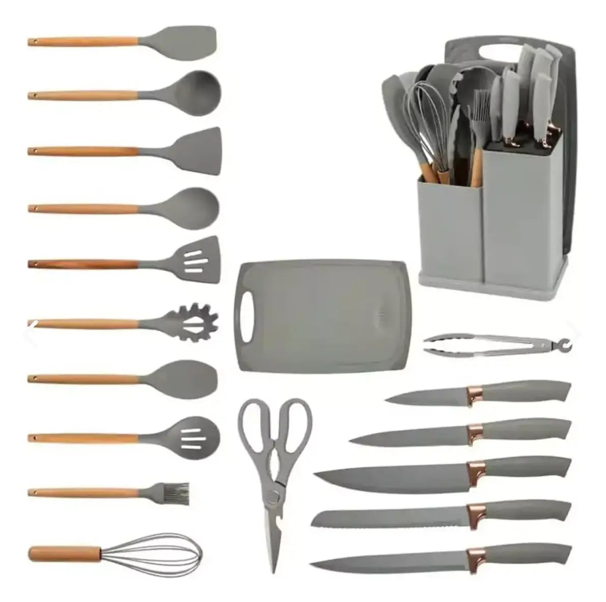 Set de Utensilios de Cocina de Silicona x19 – Mango de Madera, Resistente al Calor