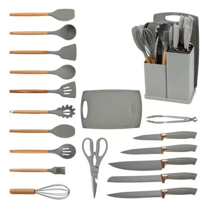 Set de Utensilios de Cocina de Silicona x19 – Mango de Madera, Resistente al Calor