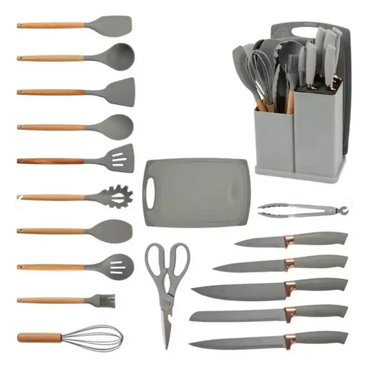 Set de Utensilios de Cocina de Silicona x19 – Mango de Madera, Resistente al Calor