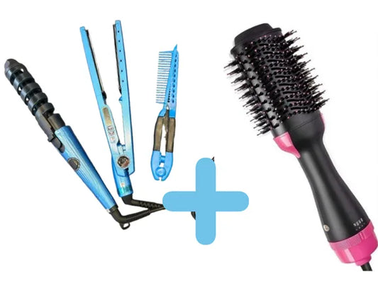 Combo Plancha Nano Titanium + Rizador Curl Perfect + Cepillo Secador 4 en 1 | Cabello Liso, Rizado y Voluminoso
