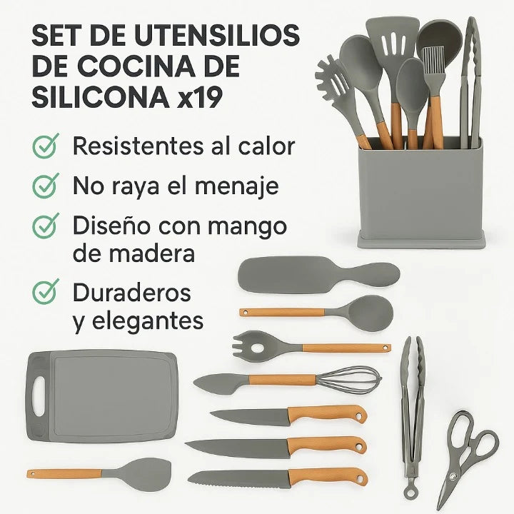 Set de Utensilios de Cocina de Silicona x19 – Mango de Madera, Resistente al Calor