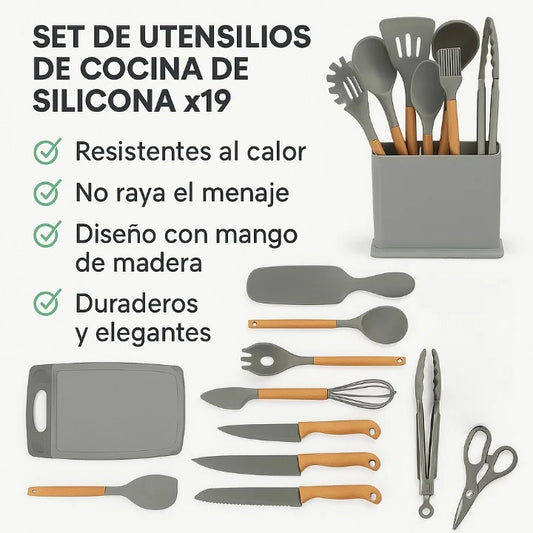 Set de Utensilios de Cocina de Silicona x19 – Mango de Madera, Resistente al Calor